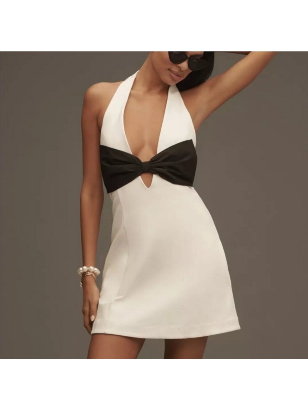 Maeve White Halter Mini Dress with Black Bow from Anthropologie Party Dress